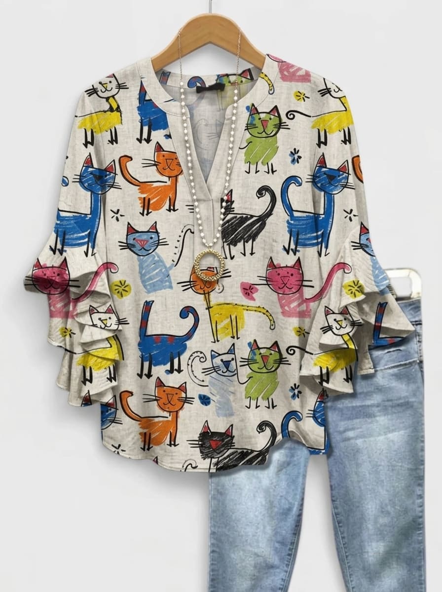 Vibrant Doodle Cat Illustration Artistic Ruffle Blouse