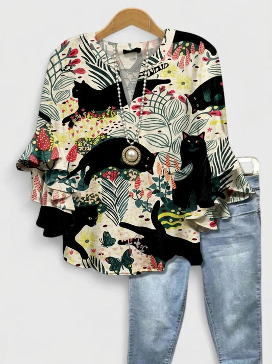 Mysterious Black Cats and Floral Garden Ruffle Blouse