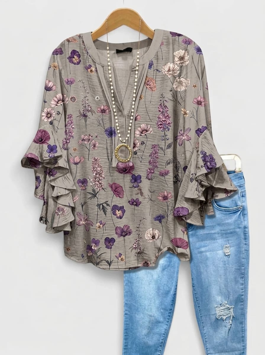 Elegant Purple Meadow Floral V-Neck Ruffle Blouse