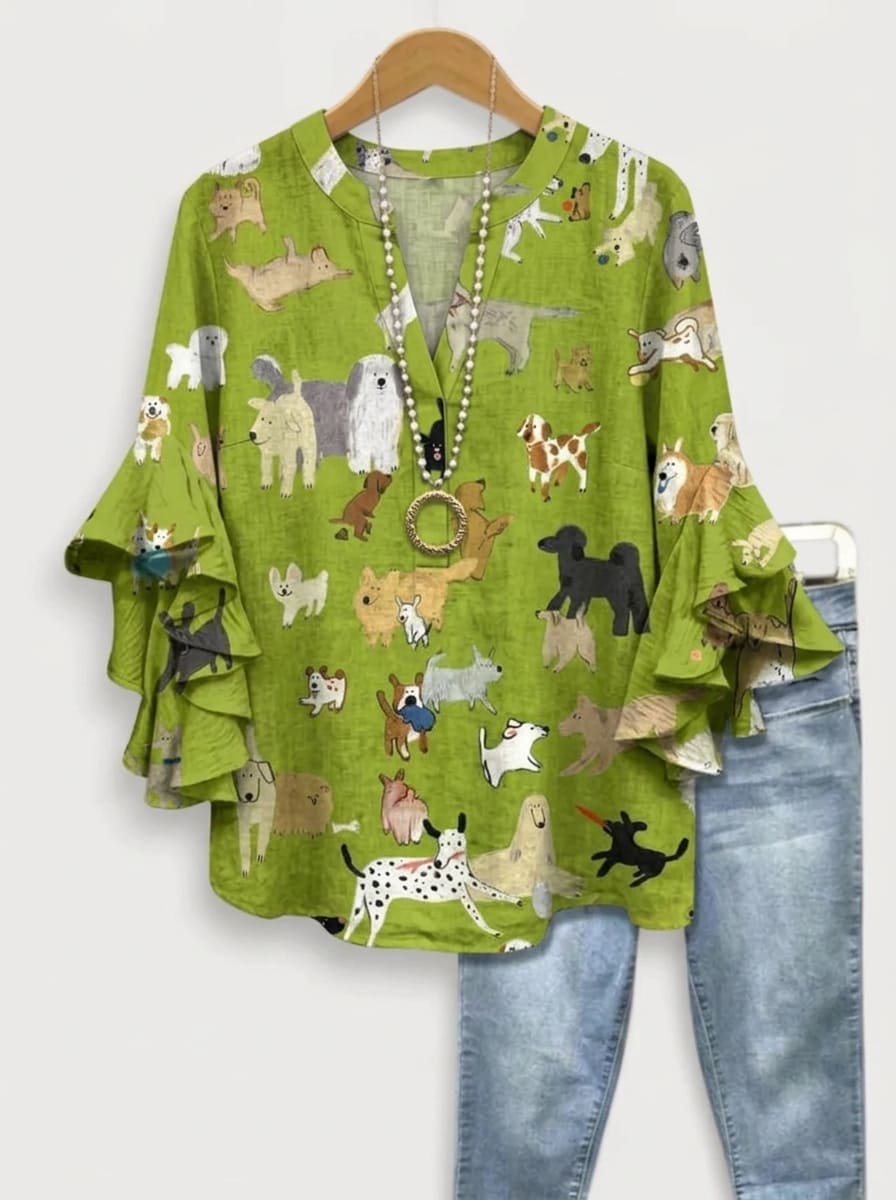 Playful Multi-Breed Dog Illustration Green Ruffle Blouse
