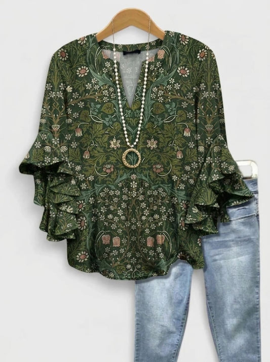 Vintage Forest Meadow Floral Pattern Ruffle Blouse