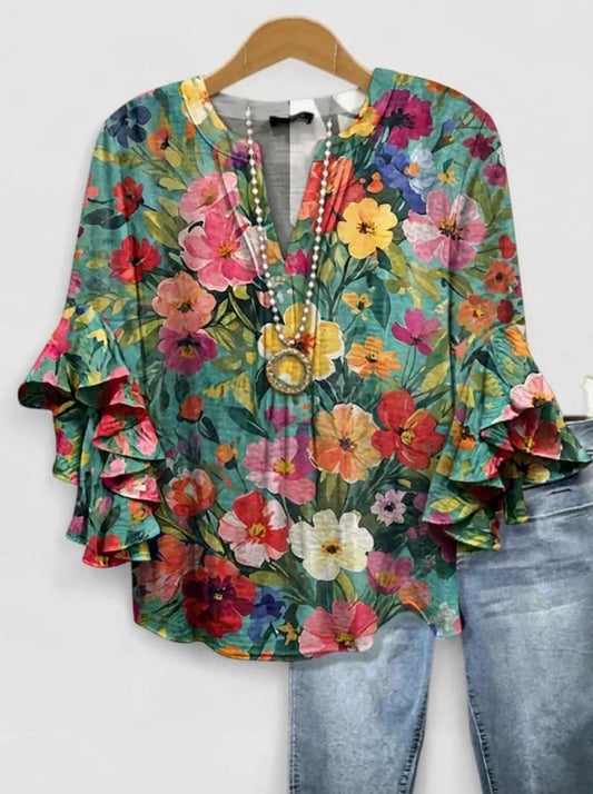 Vibrant Tropical Garden Multi-Color Floral Ruffle Blouse