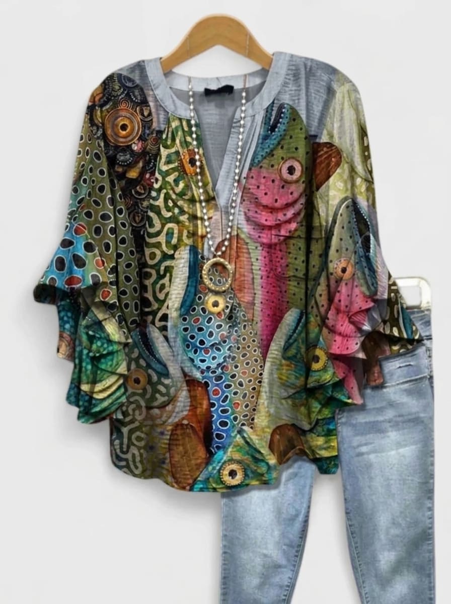 Avant-Garde Abstract Rainbow Trout Graphic Ruffle Blouse