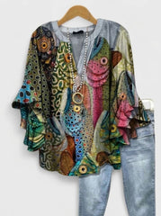 Avant-Garde Abstract Rainbow Trout Graphic Ruffle Blouse