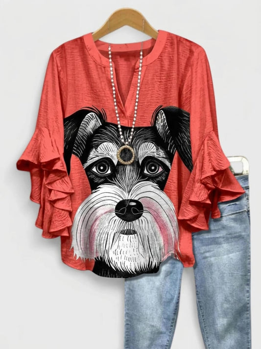 Adorable Schnauzer Dog Portrait Graphic Ruffle Blouse