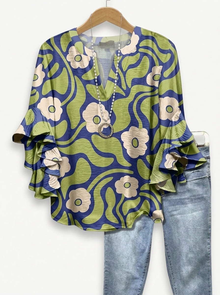 Retro 70s Abstract Swirl Floral Print Ruffle Blouse