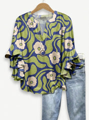Retro 70s Abstract Swirl Floral Print Ruffle Blouse