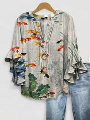Artistic Japanese Goldfish and Lotus Print Ruffle Blouse