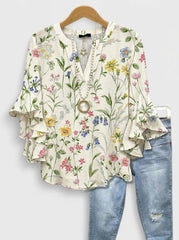 Delicate Cream Wildflower Garden Pattern Ruffle Blouse
