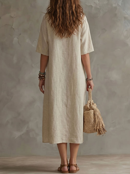 Women's V-neck Half-sleeve Cotton-linen Dress