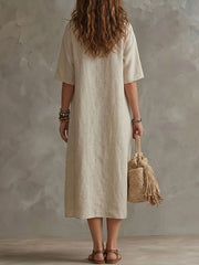 Women's V-neck Half-sleeve Cotton-linen Dress