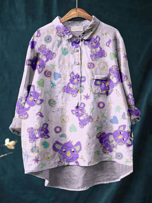 Women's Cartoon Printed Casual Cotton And Linen Shirt