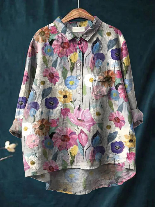 Women's Colourful Textured Floral Print Casual Cotton And Linen Shirt