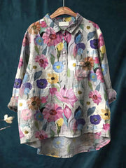 Women's Colourful Textured Floral Print Casual Cotton And Linen Shirt