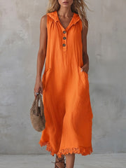 Casual Spliced lace-trimmed Linen And Cotton Hooded Dress