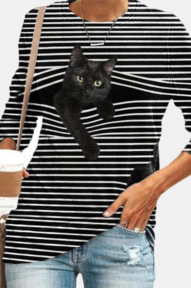 Stripe Cat Print Round Neck Long Sleeves Sweatshirt