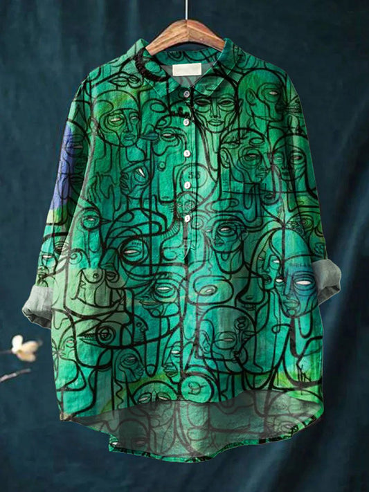 Vintage Abstract Figure Illustration Art Print Casual Cotton And Linen Shirt