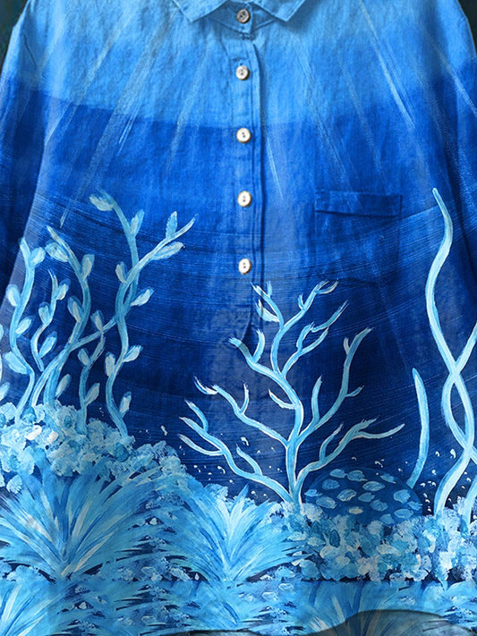 Undersea Coral Art Pattern Print Casual Cotton And Linen Shirt