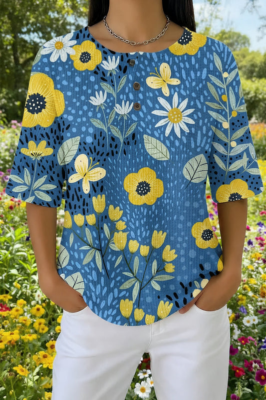 Womens Blue Yellow Sunflower Print Casual Waffle Cotton Shirt