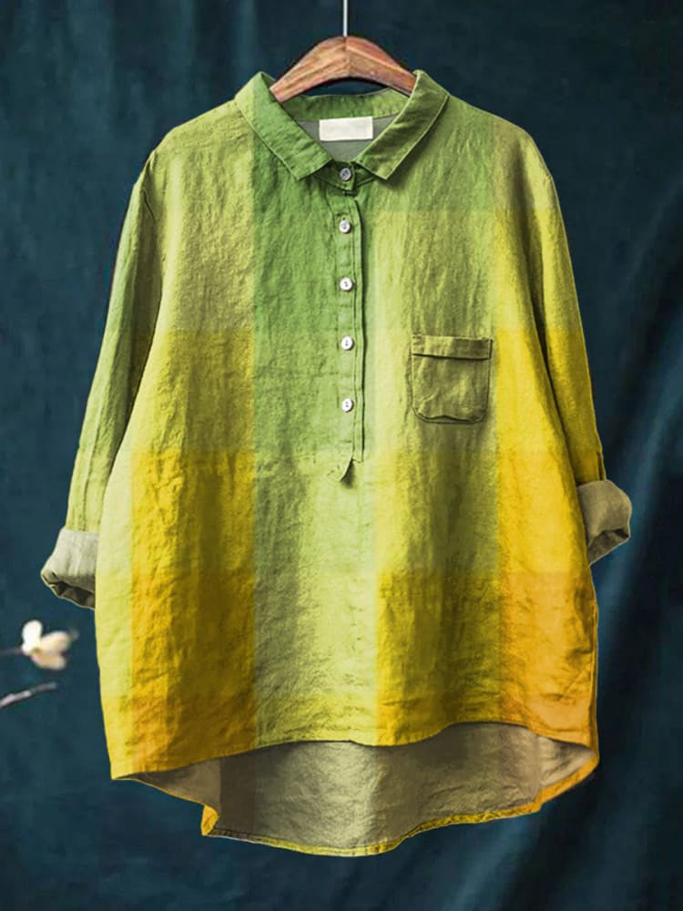 Women's Yellow-green Art Mosaic Gradient Art Print Casual Cotton And Linen Shirt