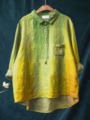 Women's Yellow-green Art Mosaic Gradient Art Print Casual Cotton And Linen Shirt