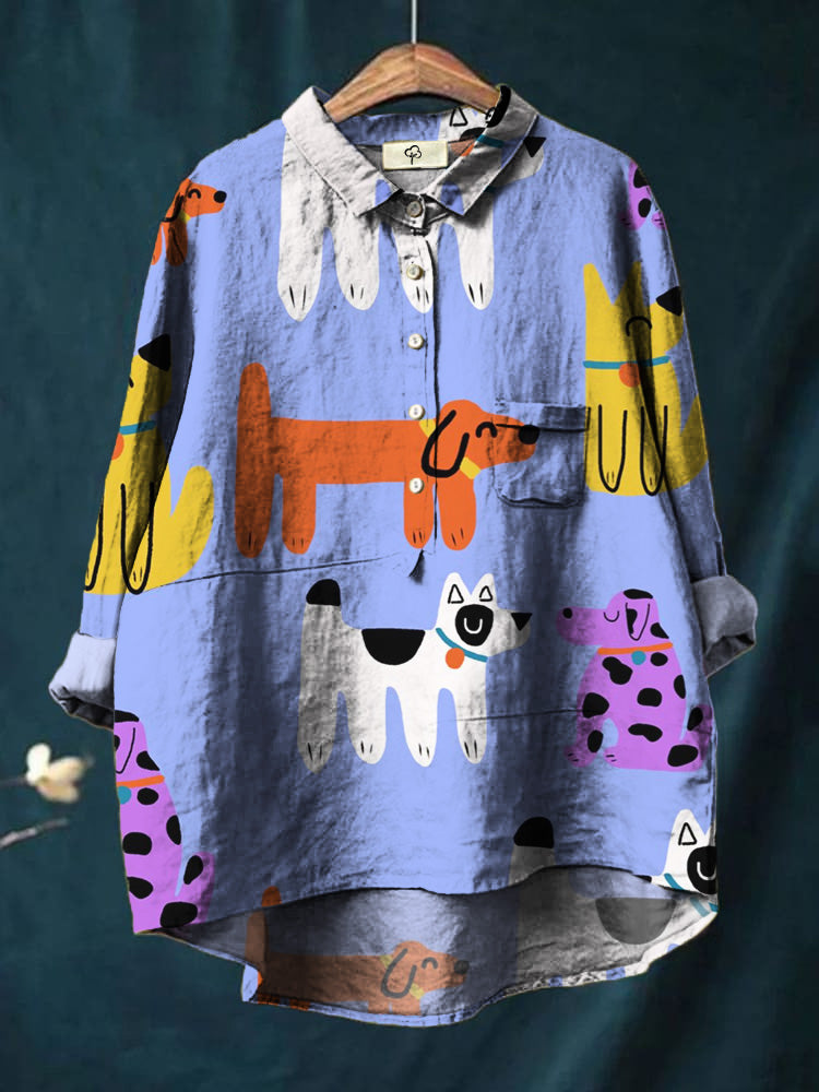 Cute Cartoon Puppy Print Cotton And Linen Shirt