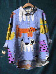 Cute Cartoon Puppy Print Cotton And Linen Shirt