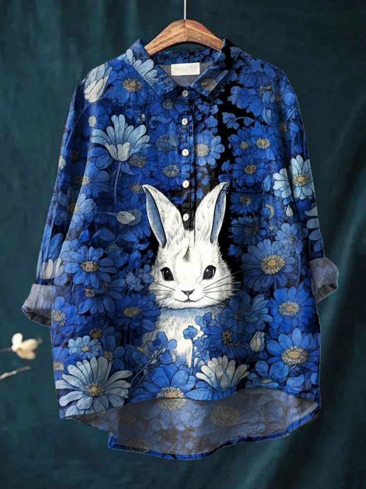 Women's Blue Flower Bunny Print Casual Cotton And Linen Shirt