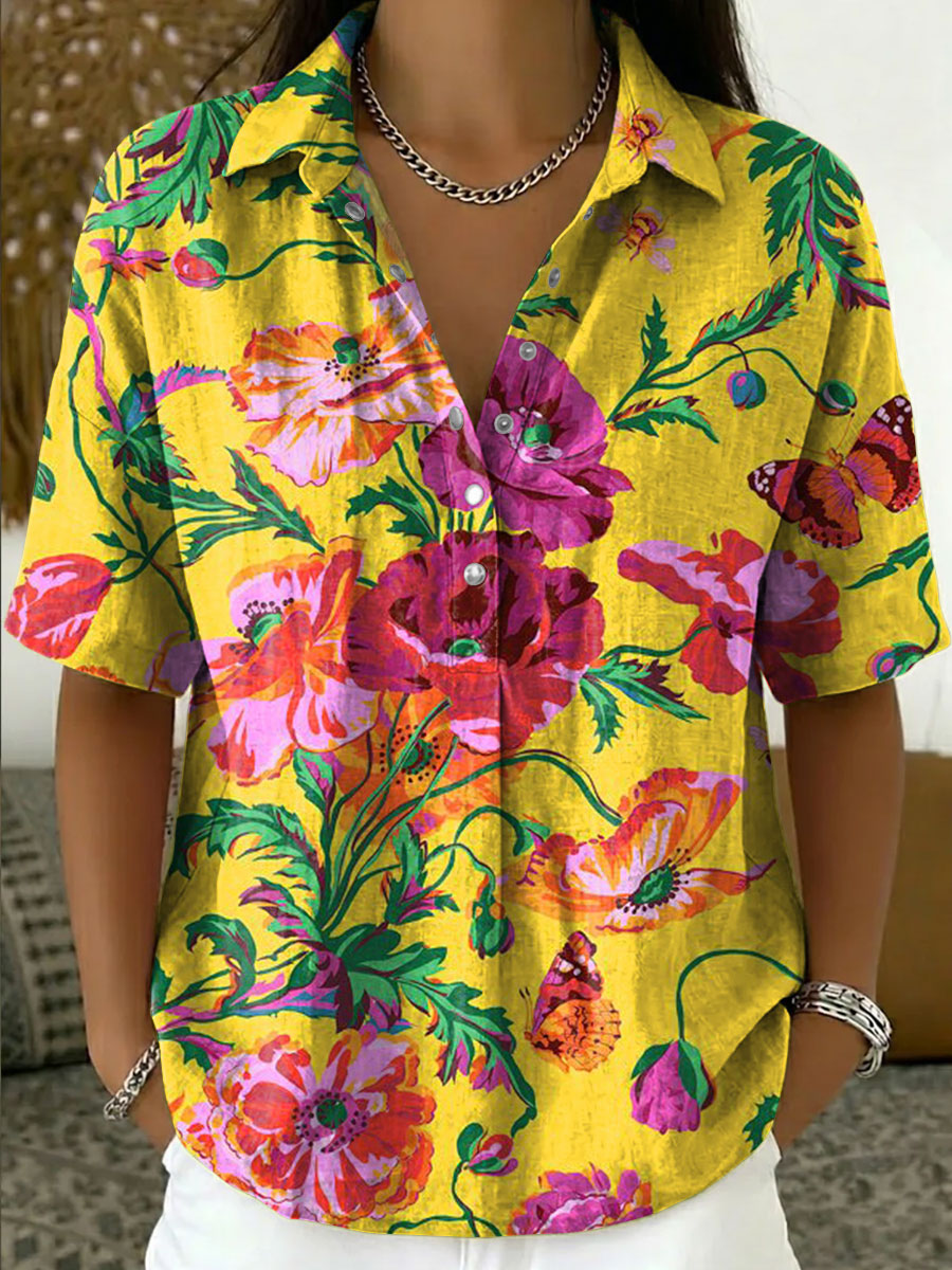 Women's Vintage Botanical Floral Casual Polo Collar Short-sleeved Linen And Cotton Shirt