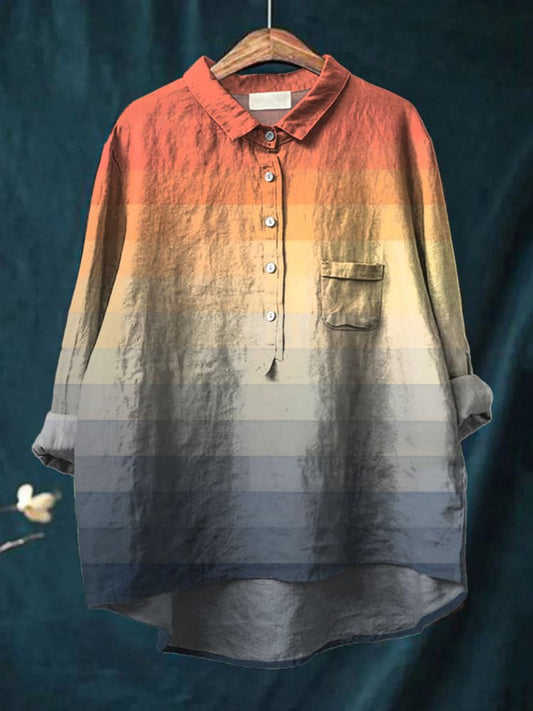Women's Orange Blue Square Grid Art Mosaic Print Casual Cotton And Linen Shirt