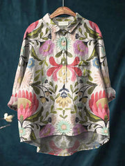 Women's Beautiful Symmetrical Flowers Print Casual Cotton And Linen Shirt