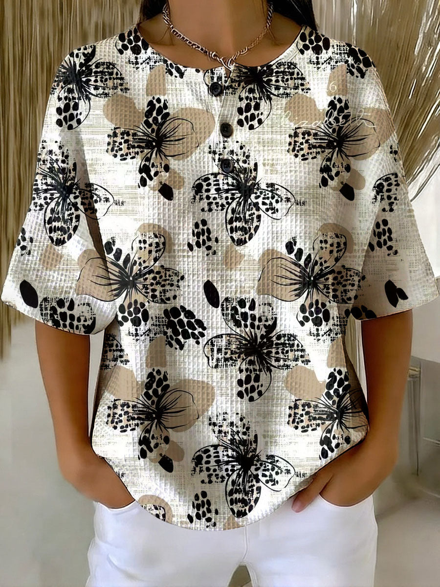 Women's Vintage Flower Pattern Printed Casual Cotton Waffle Knit Sweatshirt
