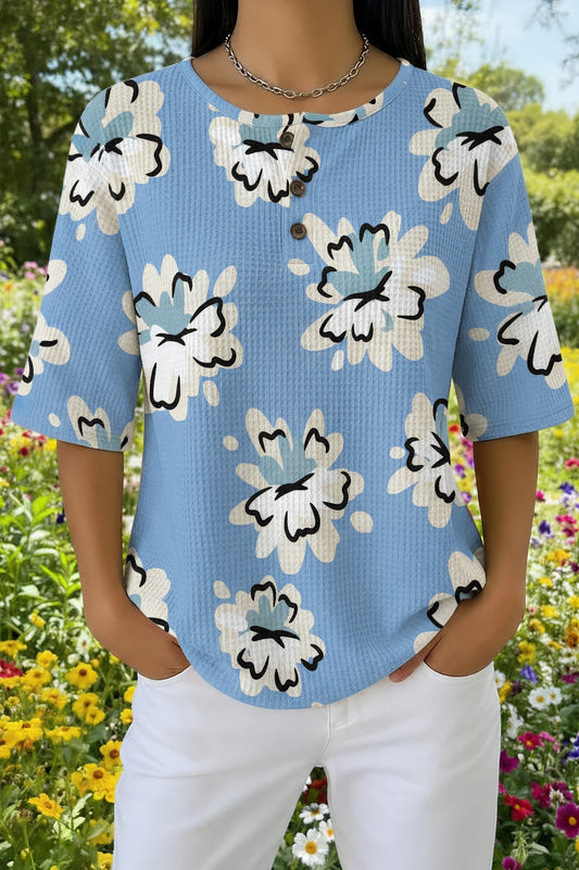 Womens Light Blue Sketch Floral Print Casual Waffle Cotton Shirt