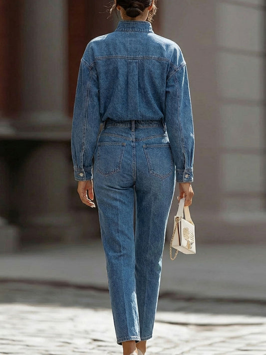 Women's Casual Denim Set: Loose-fit Long-sleeve V-neck Shirt & High-waisted Straight-leg Pants