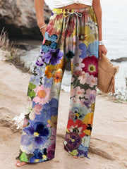 Women's Vintage Floral Art Printed Cotton And Linen Casual Pants