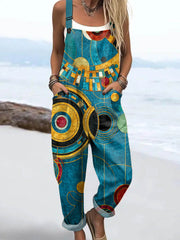 Women's Abstract Geometric Pattern Art Print Casual  Cotton Linen Wide Leg Jumpsuit