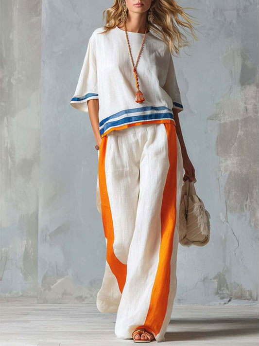 Women's Striped Color-block Vacation Set - Short Sleeve Top & Wide Leg Pants