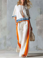 Women's Striped Color-block Vacation Set - Short Sleeve Top & Wide Leg Pants