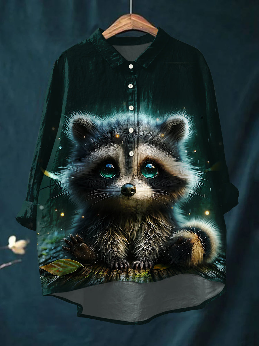 Women's Raccoon Art Print Cotton and Linen Top