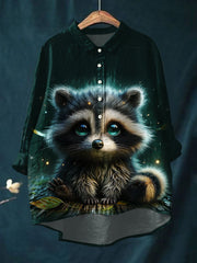 Women's Raccoon Art Print Cotton and Linen Top