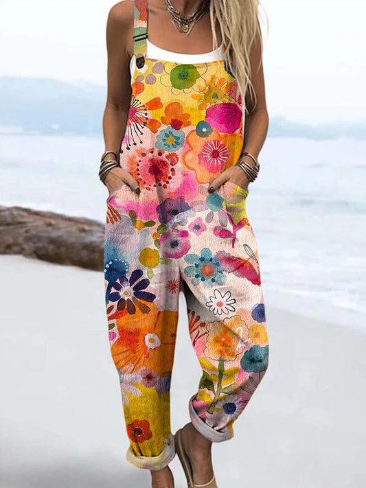 Women's Vintage Watercolor Art Flower Print Casual Cotton Wide Leg Jumpsuit
