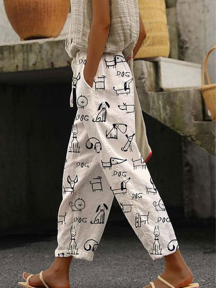 Women's Cute Dog Printed 100%Cotton Casual Pants