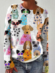 Colorful Cartoon Puppy Print Knit Pullover Sweater
