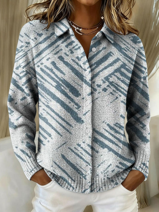 Colorful Line Decorative Patterns Casual Shirt Collar Long Sleeve Sweater