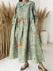 Women Floral Birds Pattern Art Print Casual Denim Dress