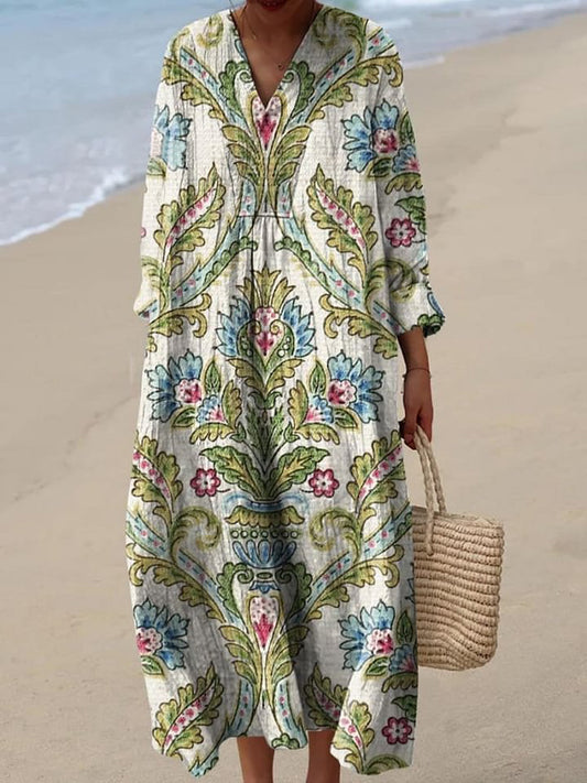 Women's Vintage Lovely Floral Art Print Flowy Dress