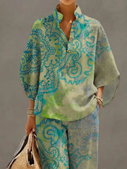 Women's Retro Floral Art Print Casual 3/4 Sleeve Top And Pants Cotton Linen Suits