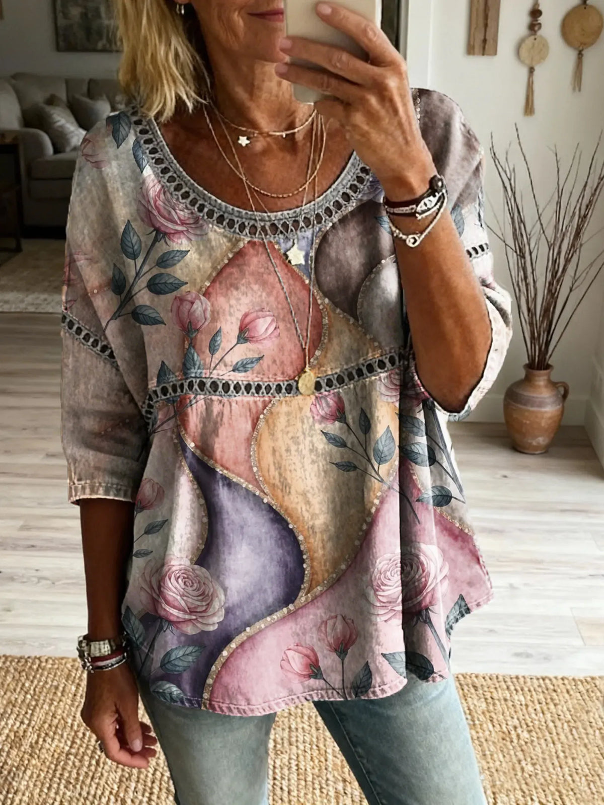Women's Floral Pattern Art Print Casual Round Neck Lace-up Top