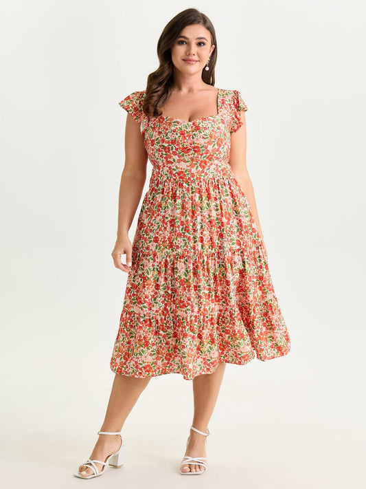 Floral Print Sweetheart Neckline Midi Dress