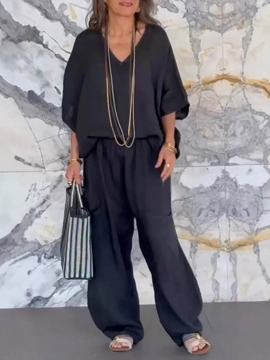 Women's Solid Color V-Neck 3/4 Sleeve Loose Top High Waist Casual Wide Leg Pants Set